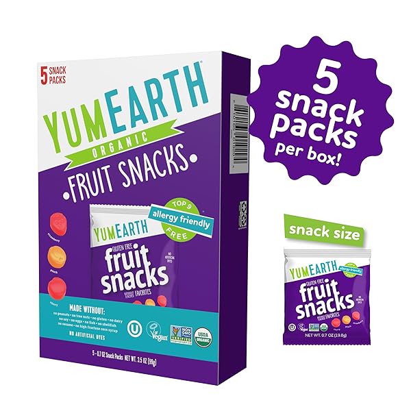 YUMEARTH ORGANIC ASSORTED FLAVOR FRUIT SNACKS – ALLERGY FRIENDLY (TOP 9 FREE), NO ARTIFICIAL DYES, NON GMO, GLUTEN FREE, VEGAN CANDY SNACKS – 0.7 OUNCE (PACK OF 5)