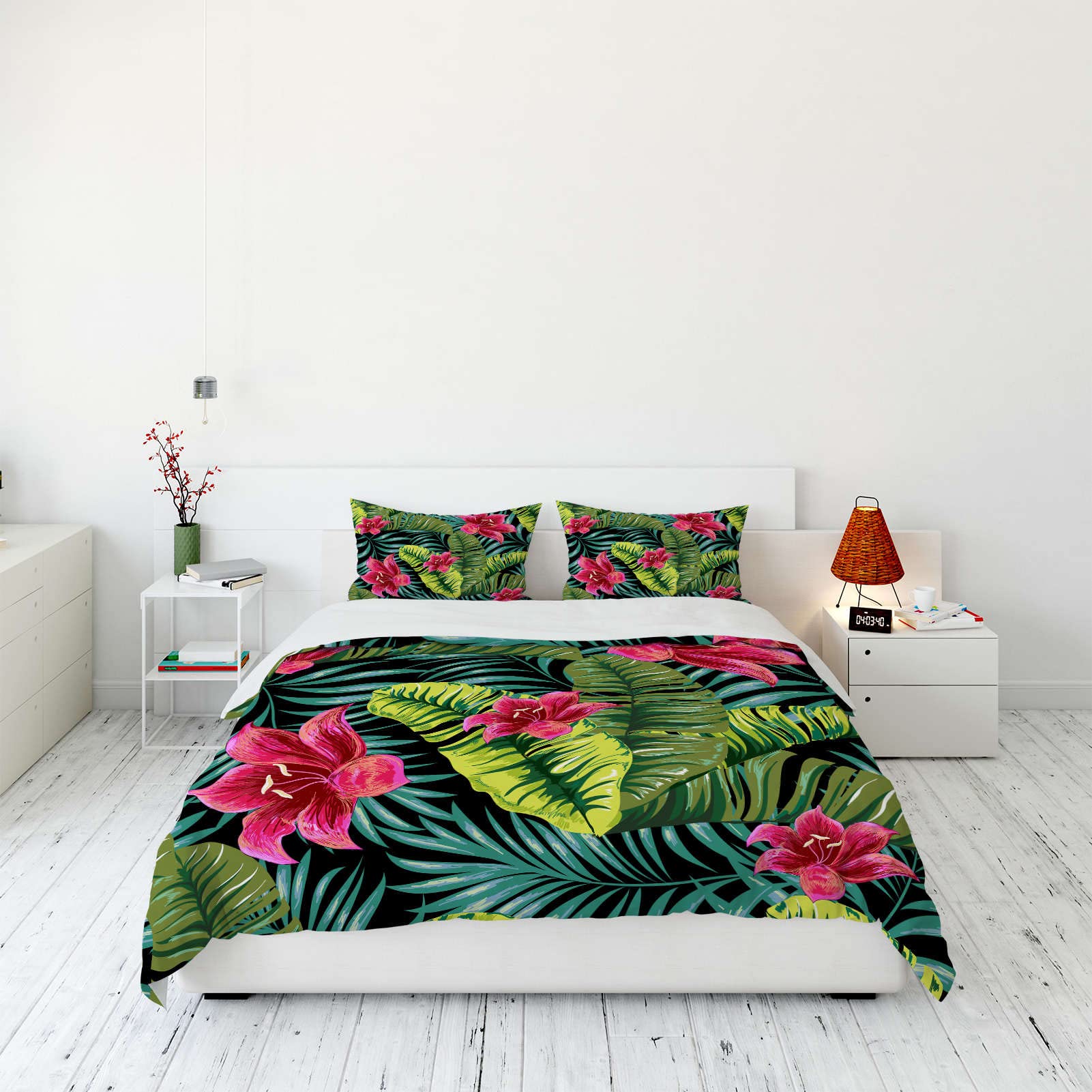 YUANZU Tropical Bedding Set Double for Woman Girls Duvet Cover Set 3 Pieces Jungle Plant Leaves Palm Tree Flowers Printed Soft Microfiber Quilt Cover with Zipper Closure (200 x 200 cm & 2Pillowcase)
