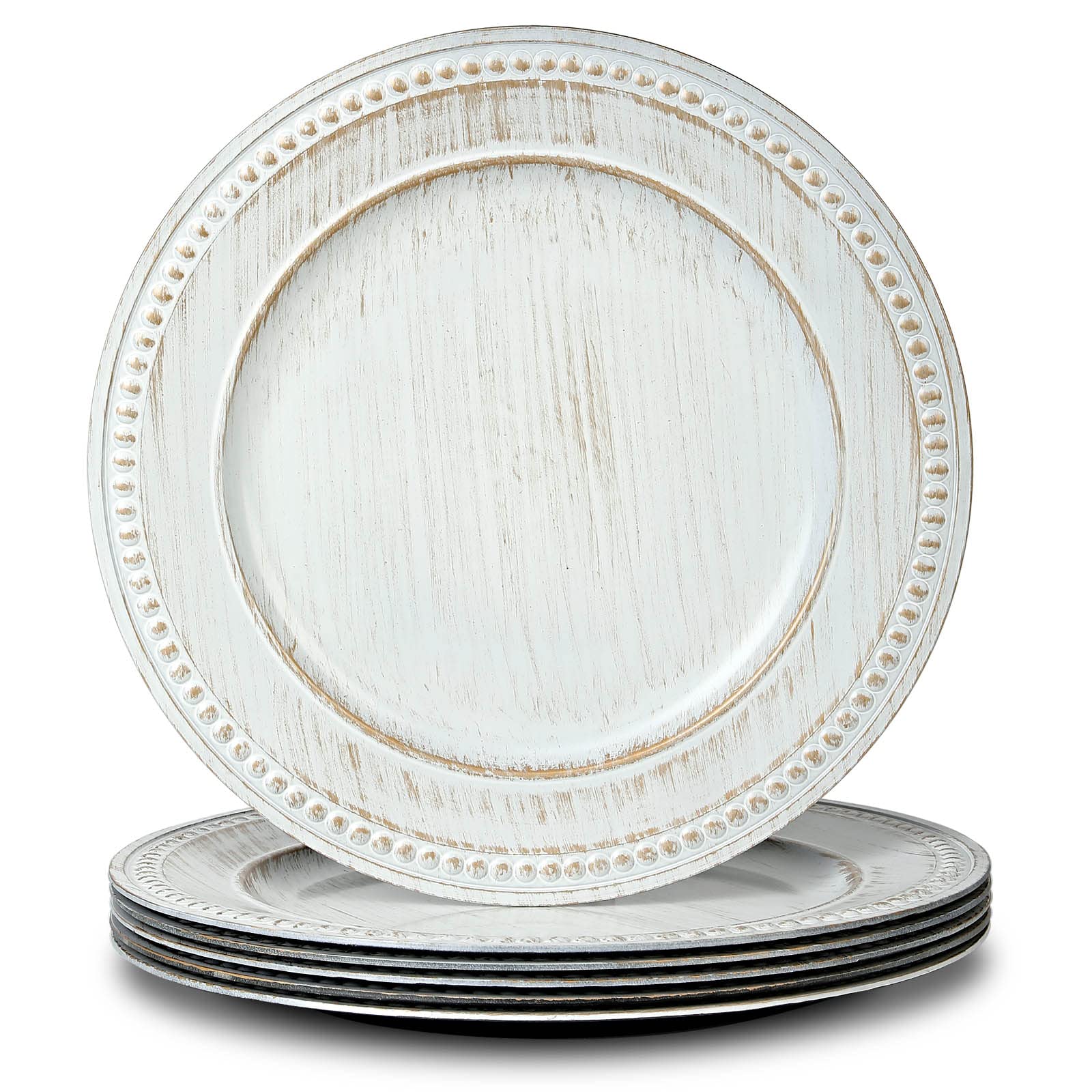 GRANDWISH 13" Vintage Charger Plates, Decorative Set of 6 for Dinner, Plastic White Chargers for Wedding