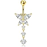Jstyle G23 Titanium Dangle Belly Button Rings for Women 14G Internally Threaded Belly Ring Dangling Piercing Jewelry with Butterfly CZ Hypoallergenic Navel Piercing Ring 14K Gold Plated