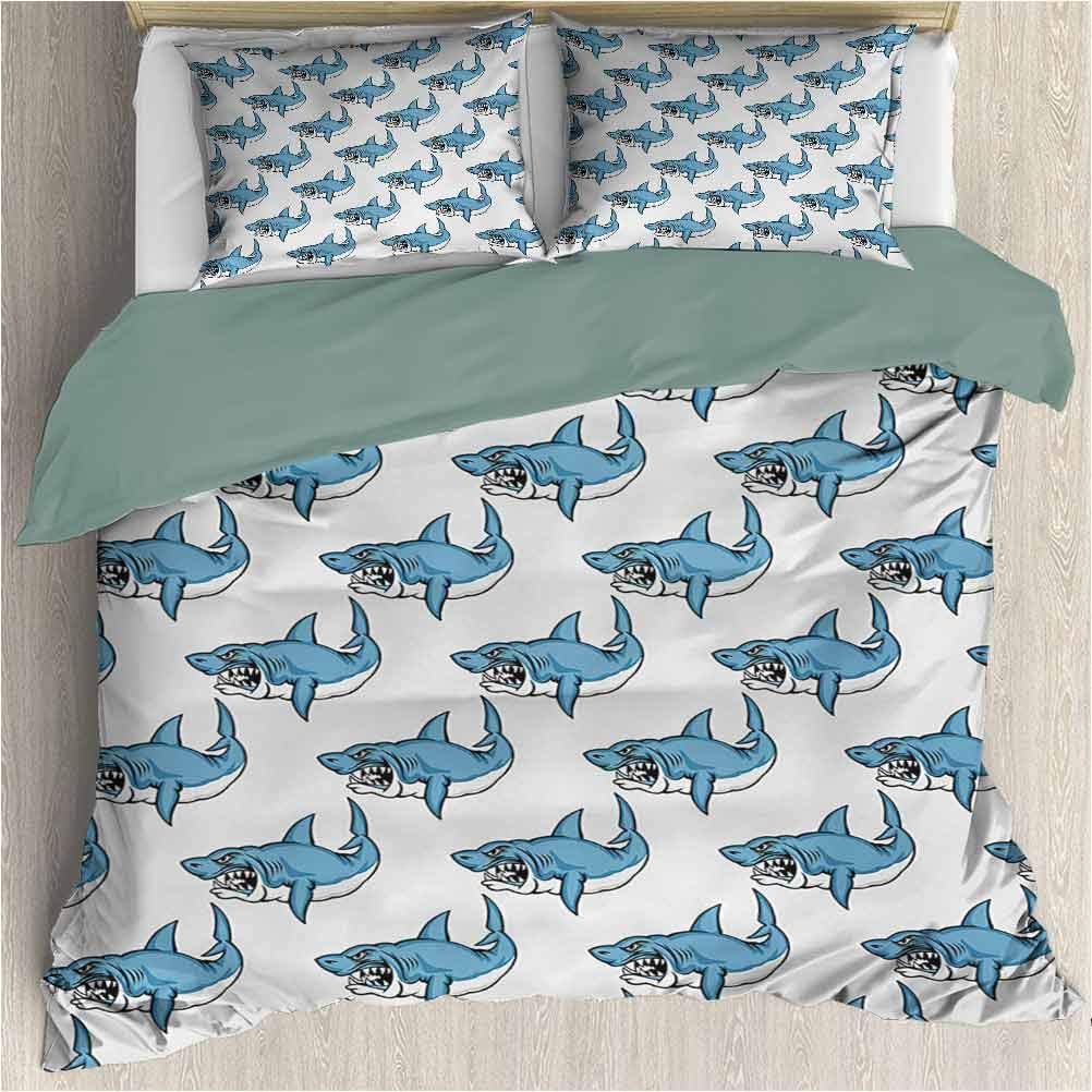 SEMZUXCVO 100% Washed Microfiber 3 Piece Bedding Sets Animals Fierce Predator Wild Shark Swimming Sharp Teeth Bite Nautical Theme Pattern with Soft Comfy Breathable Fade Blue White (Full)