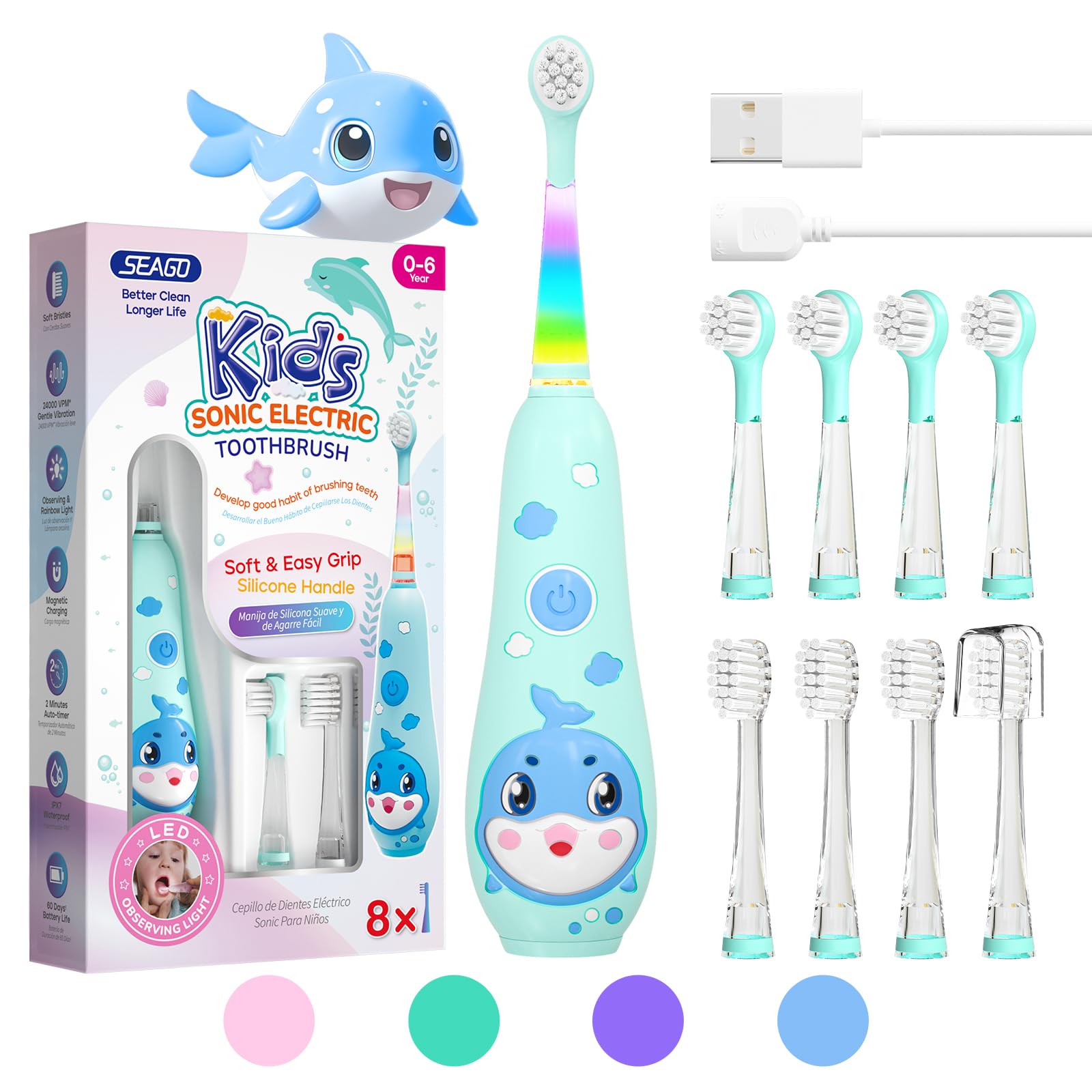 Seago Kids Electric Toothbrushes for 0-6 with Colorful LED Light, 2 Mins Smart Timer, 8 Soft Toothbrush Heads, Magnetic Charging for 60 Days Use, IPX7 Waterproof, for Boys Girls, SG-2139(Blue)