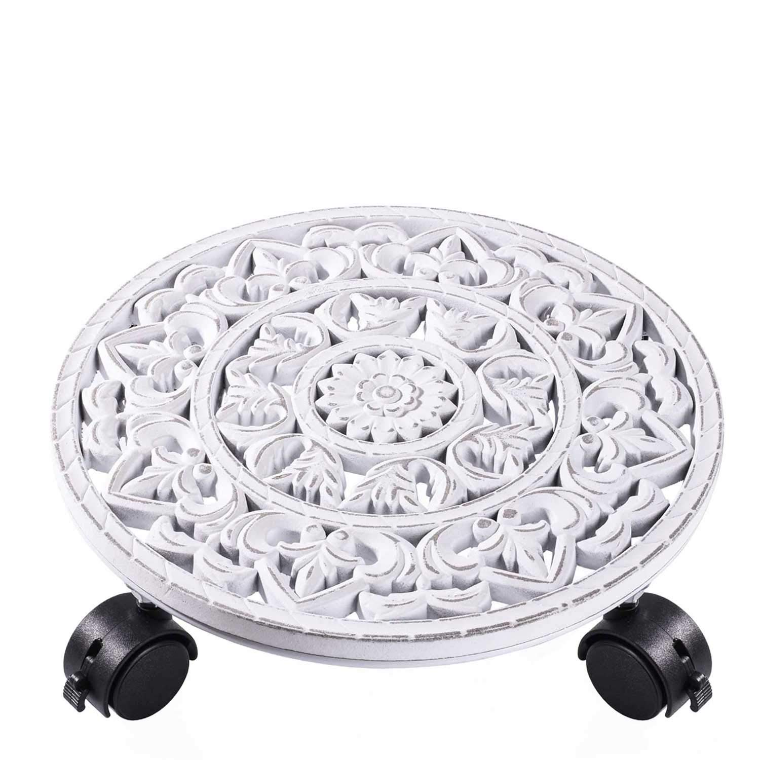 FEIAA 12'' Rolling Plant Caddy with Wheels White Plant Stand Farmhouse Heavy Duty Wood Planter Caddies Potted Round Indoor Outdoor