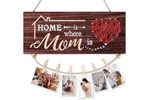 CHDITB Mothers Day Gifts for Mom Grandma, Home Is Where Mom Is Wooden Photo Holder(13"x 5"), DIY Family Love Heart String Picture Frame Display with 6 Clips, Ideal Gift for Mom Grandma Wife Family