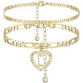 YANODA Initial Ankle Bracelets for Women 14K Gold Plated Layered Figaro Chain Letter Initial Anklets Handmade Layered Heart Ankle Bracelets Personalized Jewelry for Women