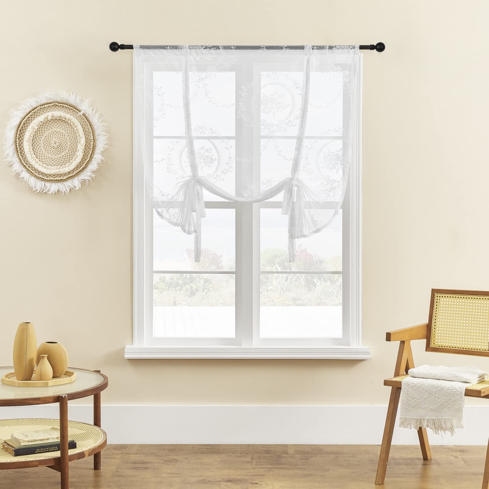 ele ELEOPTION Roman Tie-up Blind Curtain Sheer Lace Window Voile Tier Curtain for Bedroom, Living Room, Kitchen, Small Window (White, 60x120cm)