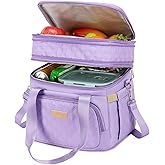 AIJIEKE Lunch Box Insulated Lunch Bag, Large Leakproof Double Deck Lunch Tote for Work, Double Layer, Adult Reusable, For Picnic, Beach, Meal Prep Dual Compartment Lunch Bags, Purple