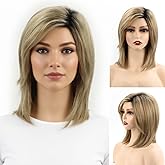 RENERSHOW Medium Length Blonde Bob Wigs for White Women Straight Ombre Blonde Wig with Dark Roots Layered Short Blonde Wig with Bangs Natural Looking Daily Party Synthetic Wig