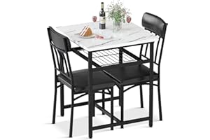 AWQM Square Dining Table Set for 2, Faux Marble Compact Bistro Table with Upholstered Chairs, Space Saving Kitchen Breakfast Nook, Built-in Storage Rack 3-Piece Modern Dining Set for Kitchen & Dining