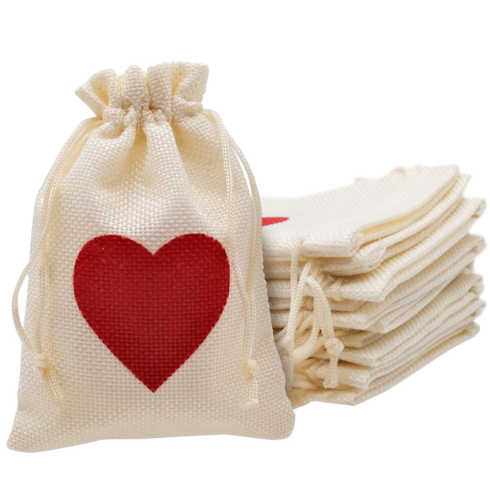 Burlap Bags Wedding Favors Gift Bags Vintage Party Candy Pouches with Drawstring,12pcs Small Jute Jewelry Sacks for Christmas, DIY Crafts, 3.9 x 5.7 inch, White and Red