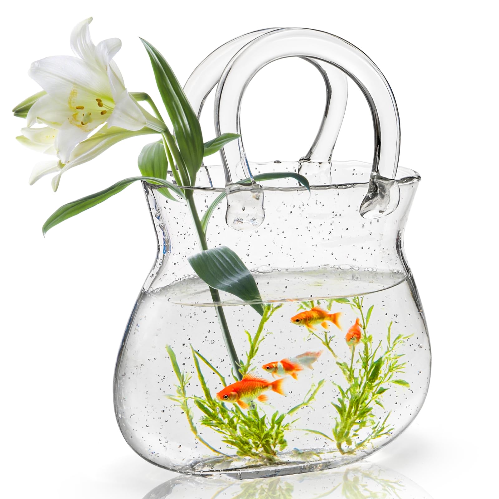 Photo 1 of Jowgut Glass Purse Vase for Flowers, Clear Bag Vase with Handle, Unique Handbag Shape Decorative Fish Bowl for Cute Room Table Shelf Decor, Wedding Centerpiece