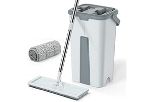 Aifacay Mop and Bucket Set with Wring System, Hands Free Flat Wall Mop Bucket Set with 1 Extra Reusable Microfiber Pad, Wet a