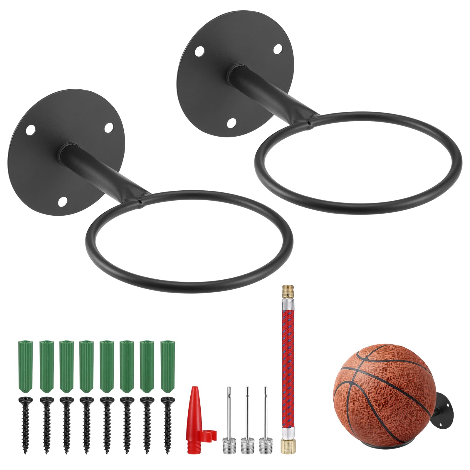 2Pcs Ball Holders for Wall, Sturdy Football Stand Wall Mounted, Football Stand Display, Versatile Ball Stand for Football Basketball Volleyball Rugby, Football Storage Rack with Screw & Inflatable Kit