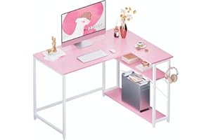 Pamray 43 Inch L Shaped Computer Desk with Reversible Side Storage Shelves, Small Corner Desk for Small Space Home Office,Writing Study Table PC Desk for Bedroom,Pink with White Leg