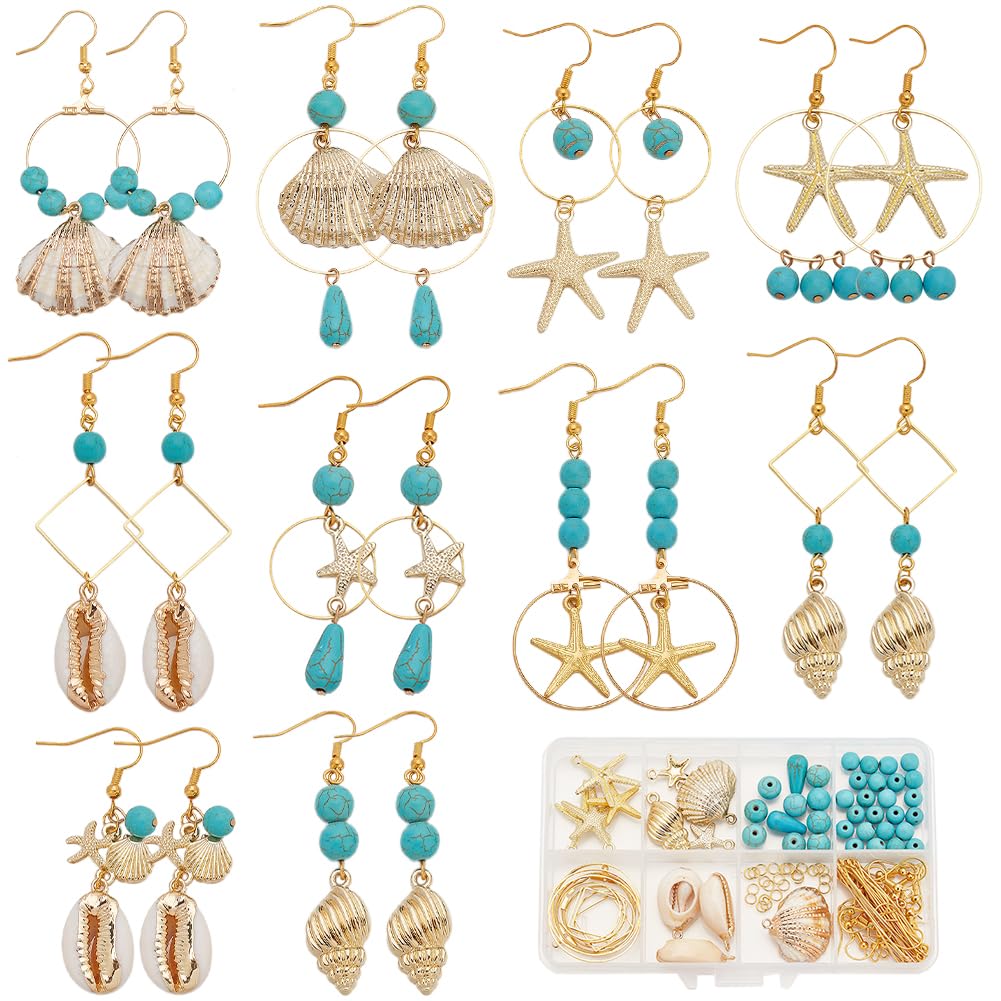 SUNNYCLUE 1 Box 10 Pairs Sea Dangle Earrings Making Kit Starfish Charms Ocean Animal Charm Lucky Turquoise Beads Natural Shell Charms for jewellery Making Kits Beginners Women Adults DIY Supplies