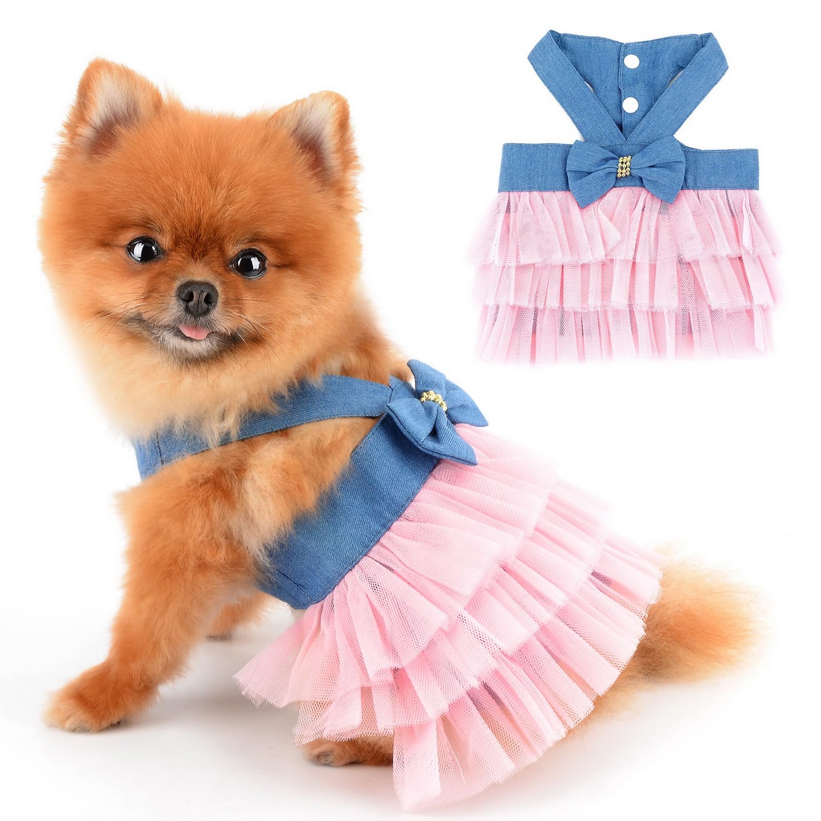 PAIDEFUL Small Dog Dress Striped Denim Organza Bow Beads Tutu Skirt Summer Soft Comfortable Breathable Puppy Clothes Sleeveless Button Kitten Apparel, Denim, M
