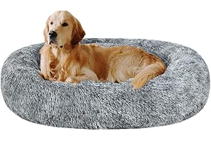 Coohom Oval Calming Donut Cuddler Dog Bed,Shag Faux Fur Cat Bed Washable Round Pillow Pet Bed(30"/36"/43") for Small Medium Dogs (XL(36"x27"x7"), Grey)