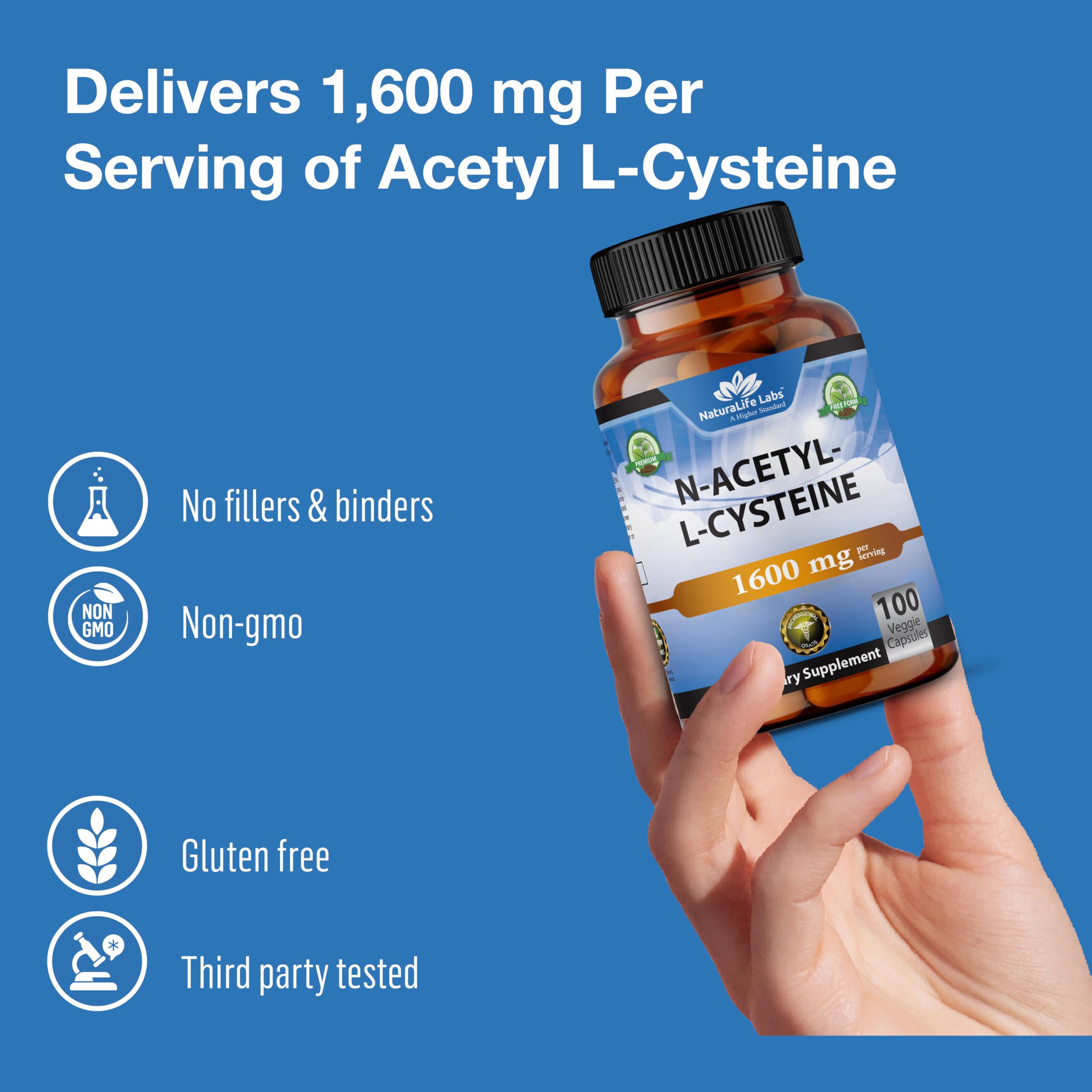 NaturaLife Labs N-Acetyl-L-Cysteine (NAC) 1600 mg – 100 Capsules, Non-GMO & Gluten-Free