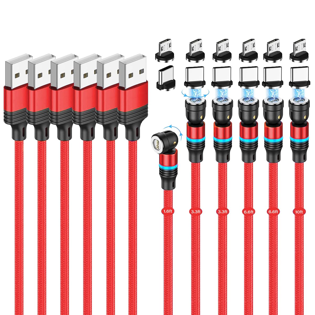 Photo 1 of Losuesme Magnetic Charging Cable (6-Pack,1.6+3.3+3.3+6.6+6.6+10ft) 540° Rotation Magnet Phone Charger USB C Cable 3A Fast Charging Magnetic Charger Cable with LED Light for Micro USB Type C Device