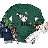 Tipsy Snowman Wine Cheers T-Shirt for Women Christmas Funny Letter Print Long Sleeve Graphic Shirt Tops