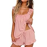 KFUBUO Womens Pajamas Set 2 Piece Ruffle Pj Soft Tank Top and Shorts Sleepwear Set Bridal Pajama for Women Set
