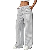 SweatyRocks Women's Y2K Striped Pants Wide Leg Drawstring High Waist Long Trousers with Pocket