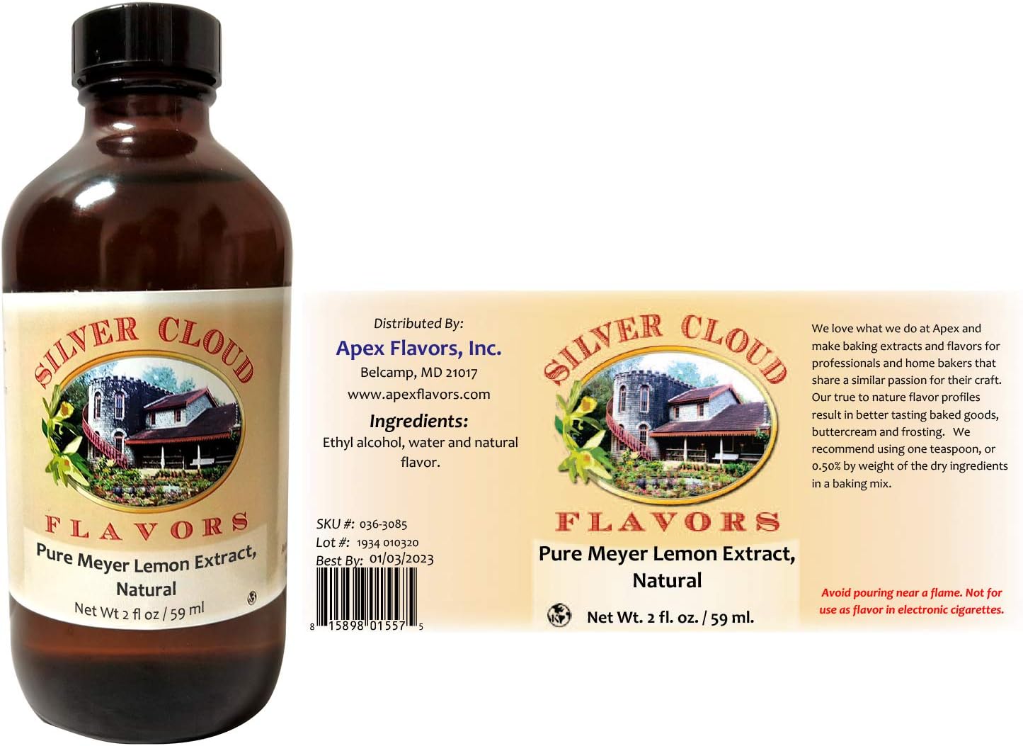 Pure Meyer Lemon Extract, Natural - 2 fl. oz. glass bottle