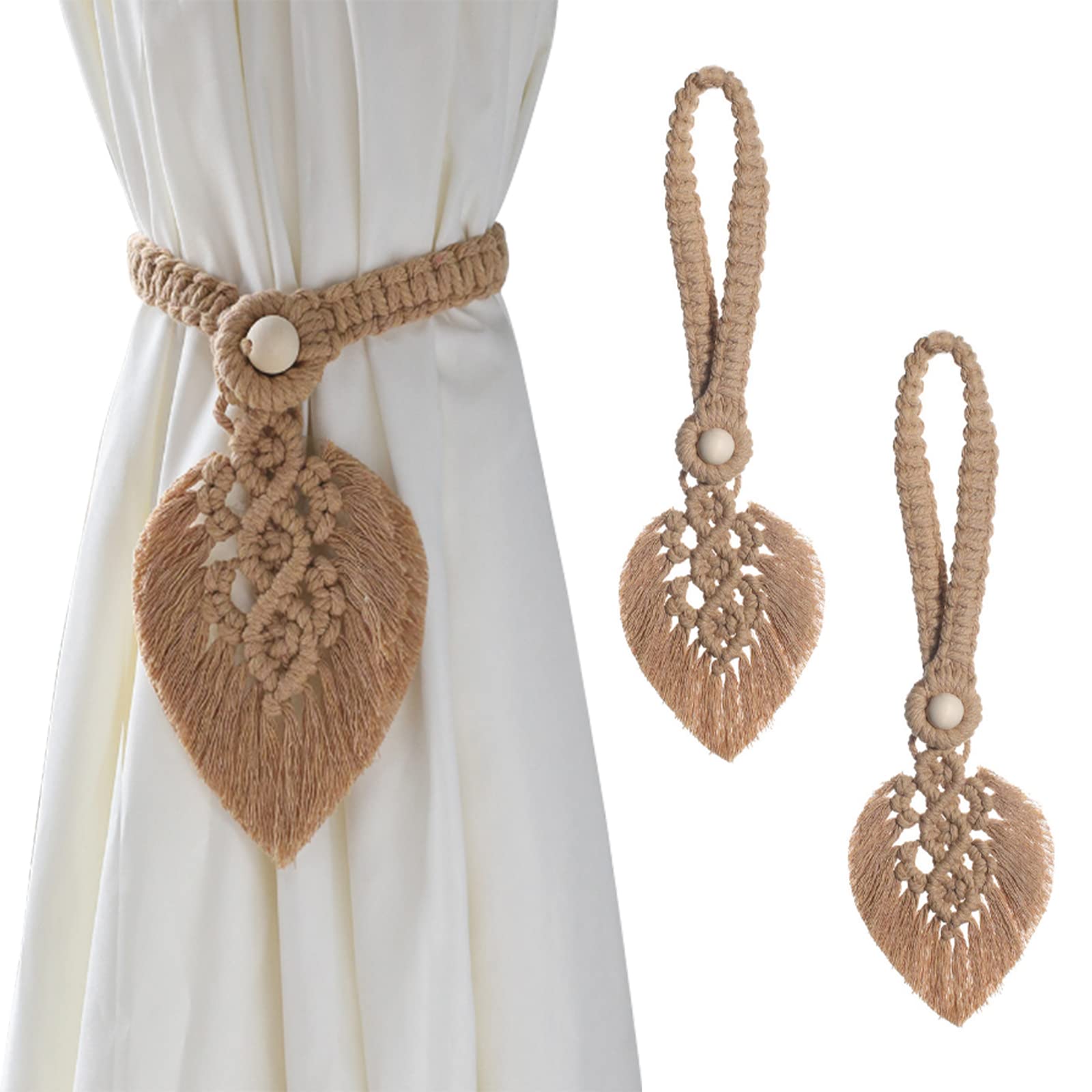 MOROBOR Curtain Tiebacks, 2pcs Brown Bohemian Home Decoration Drapery Holdback Farmhouse Curtain Tie Back Holder by Hand-Woven Cotton Rope