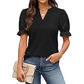 Womens Summer Tops Dressy Casual Puff Short Sleeve Lace Shirts Trendy Business Outfits Work Blouses Clothes