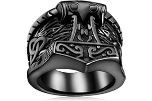 FaithHeart Norse Viking Jewelry Mens Stainless Steel Vikings Thor's Hammer/Wolf Head Ring Valknut Warrior's Gothic Jewelry-Personalized Engrave
