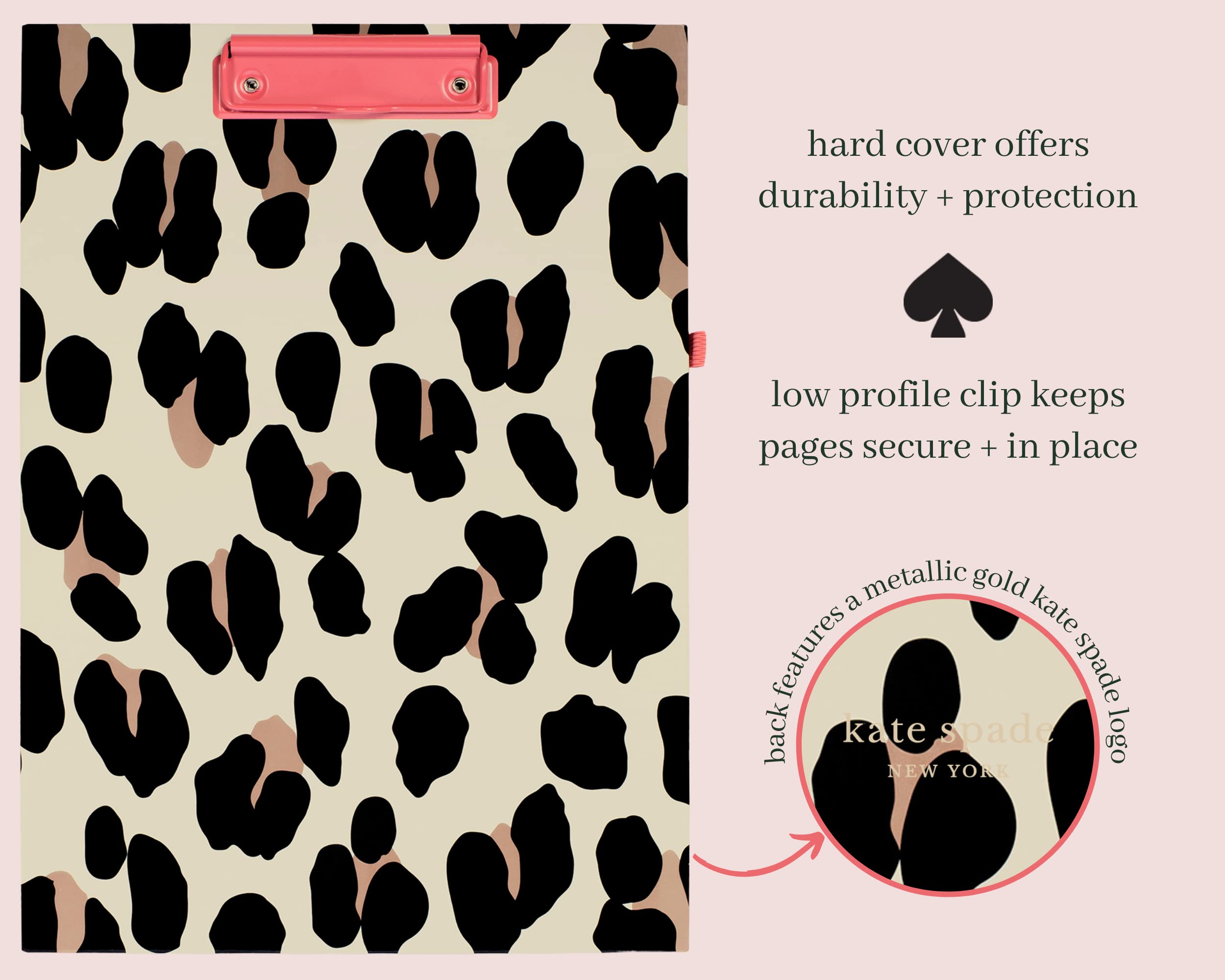 Kate Spade New York Leopard Print A4 Clipboard Folio with Low Profile Clip, Professional Padfolio Includes Lined Notepad, Pen Loop, and Pocket, Forest Feline