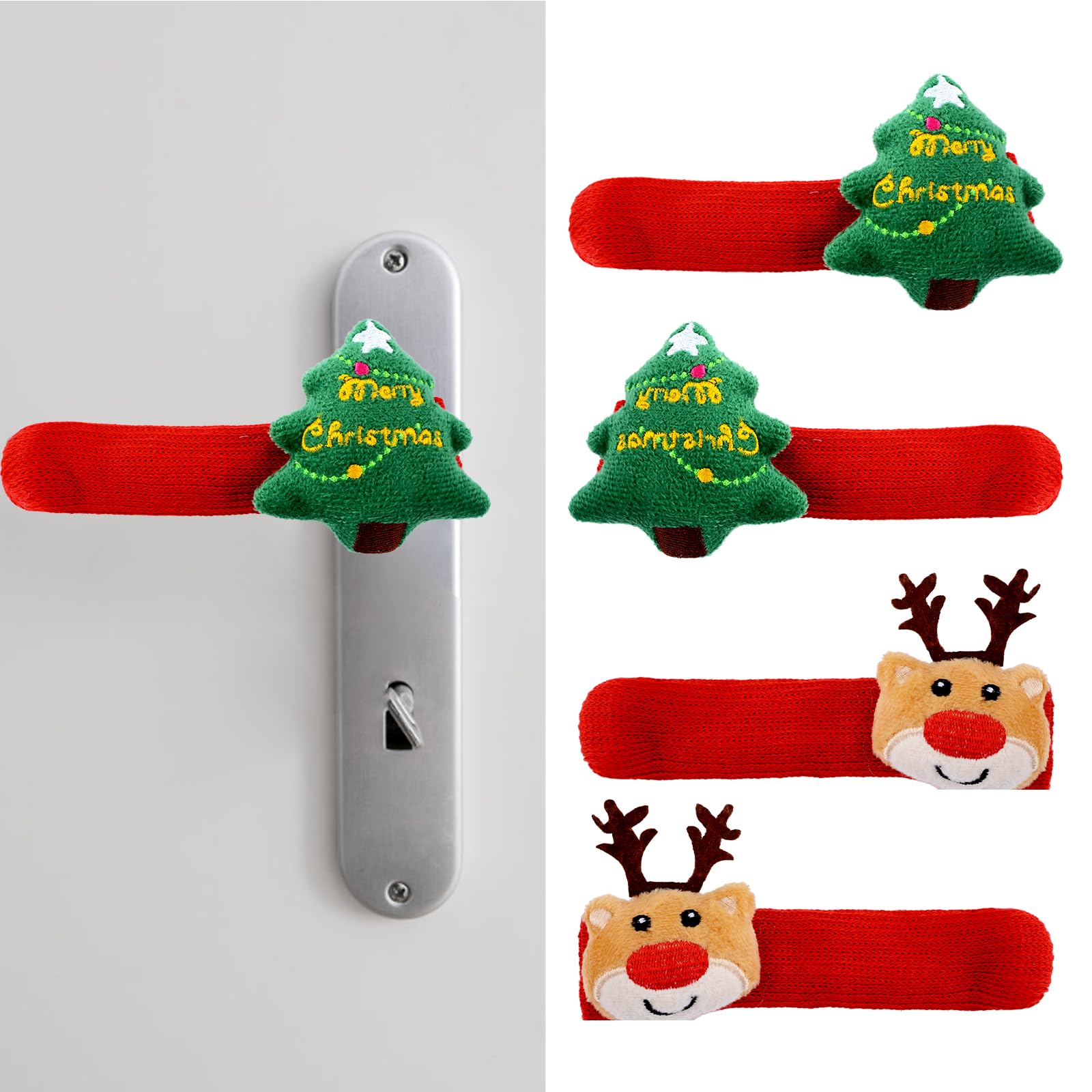 UFURMATE Christmas Door Handle Cover 4PCS Decorative Red Knitted Anti-Freeze Door Handle Protector for Xmas Doorknob Decorations (Christmas Tree， Reindeer)