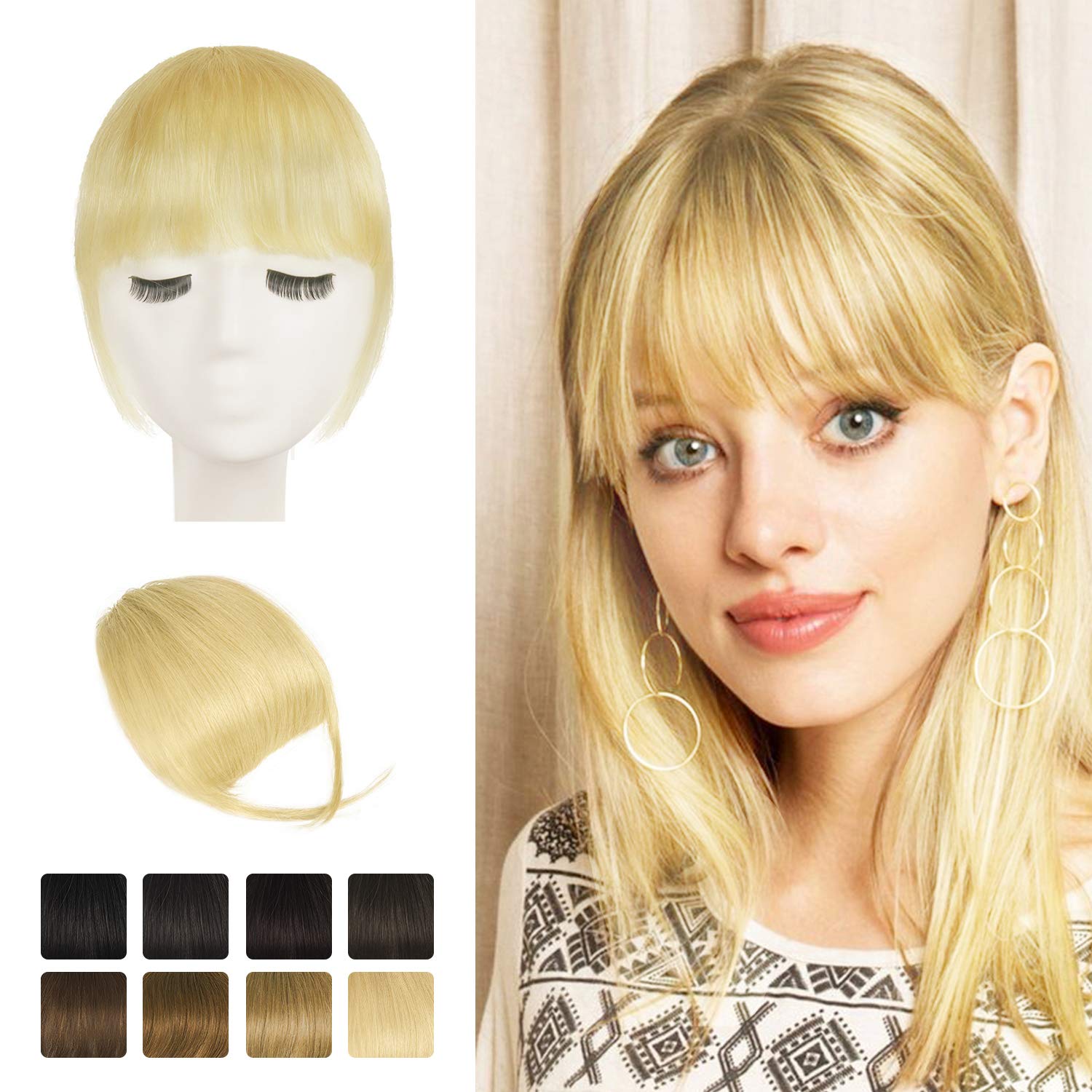 BARSDAR Clip in Fringe Human Hair 100% Real Hair Bangs with Temples Clip on Fringe Extensions Natural Color Washable/Dye-able 613#