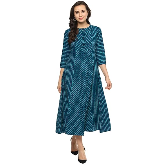 Women's Teal Color Striped Flared Cotton Kurta