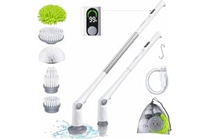 VCHOO Electric Spin Scrubber 2024 Upgrade LED Display Shower Scrubber with Long Handle Cordless Cleaning Brush with 5 Replaceable IPX7 Heads Electric Scrubber for Cleaning Bathtub Grout Tile Floor