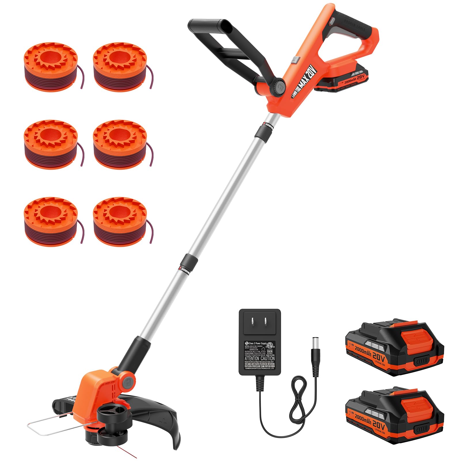 Photo 1 of VARSK 20V String Trimmer Cordless, 12 Inch 2 in 1 Trimmer and Edger, Automatic Line Feed, Includes 2 X 2.0Ah Batteries/1 X Fast Charger/6 X Spare Spools, for Lawn, Garden, etc, Orange