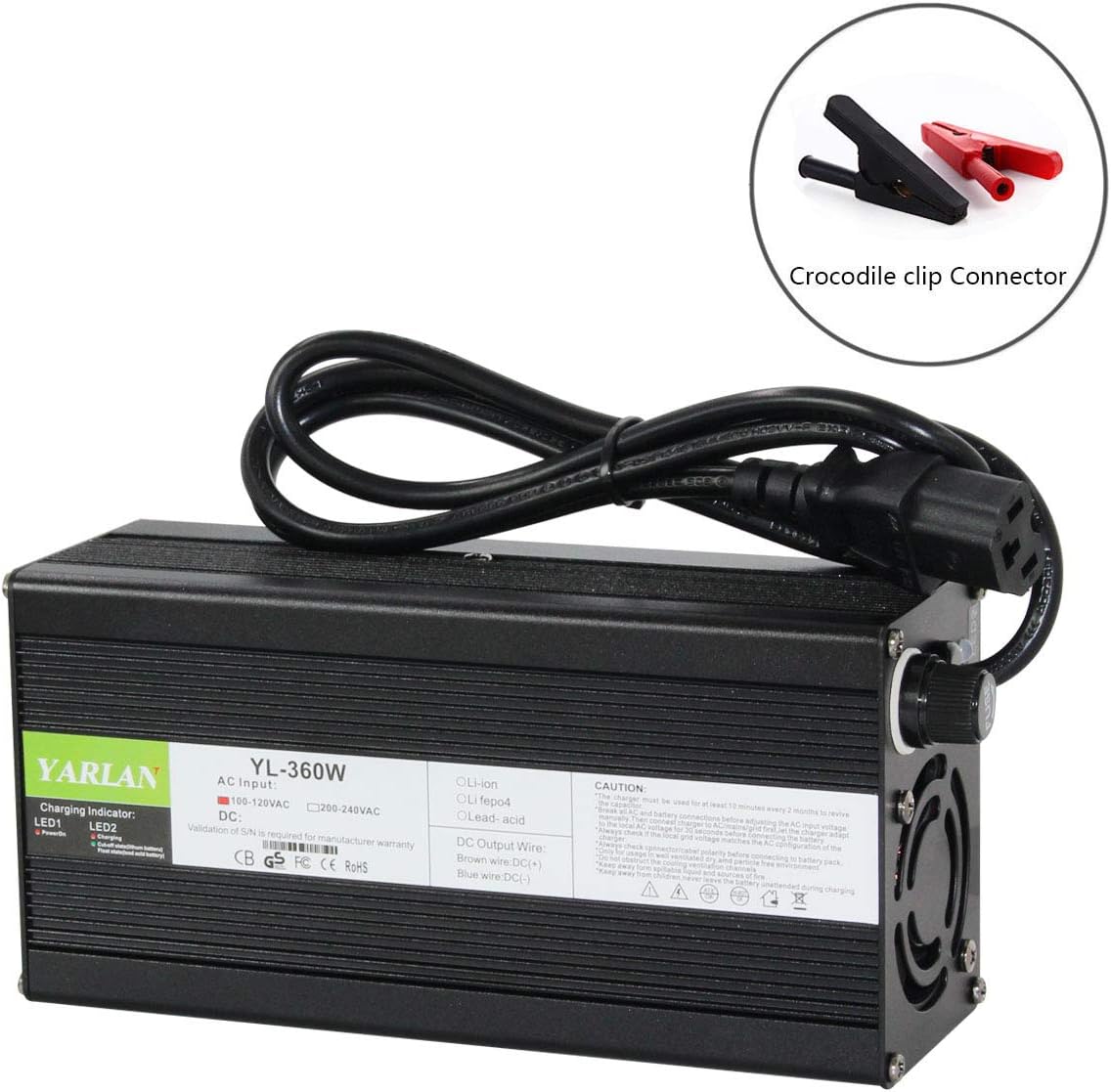 50.4V 6A Charger 12S 44.4V E-Bike Li-ion Battery Smart Charger Lipo/LiMn2O4/LiCoO2 Battery Charger with Fan Aluminum Case (50.4V6A Crocodile Clip)