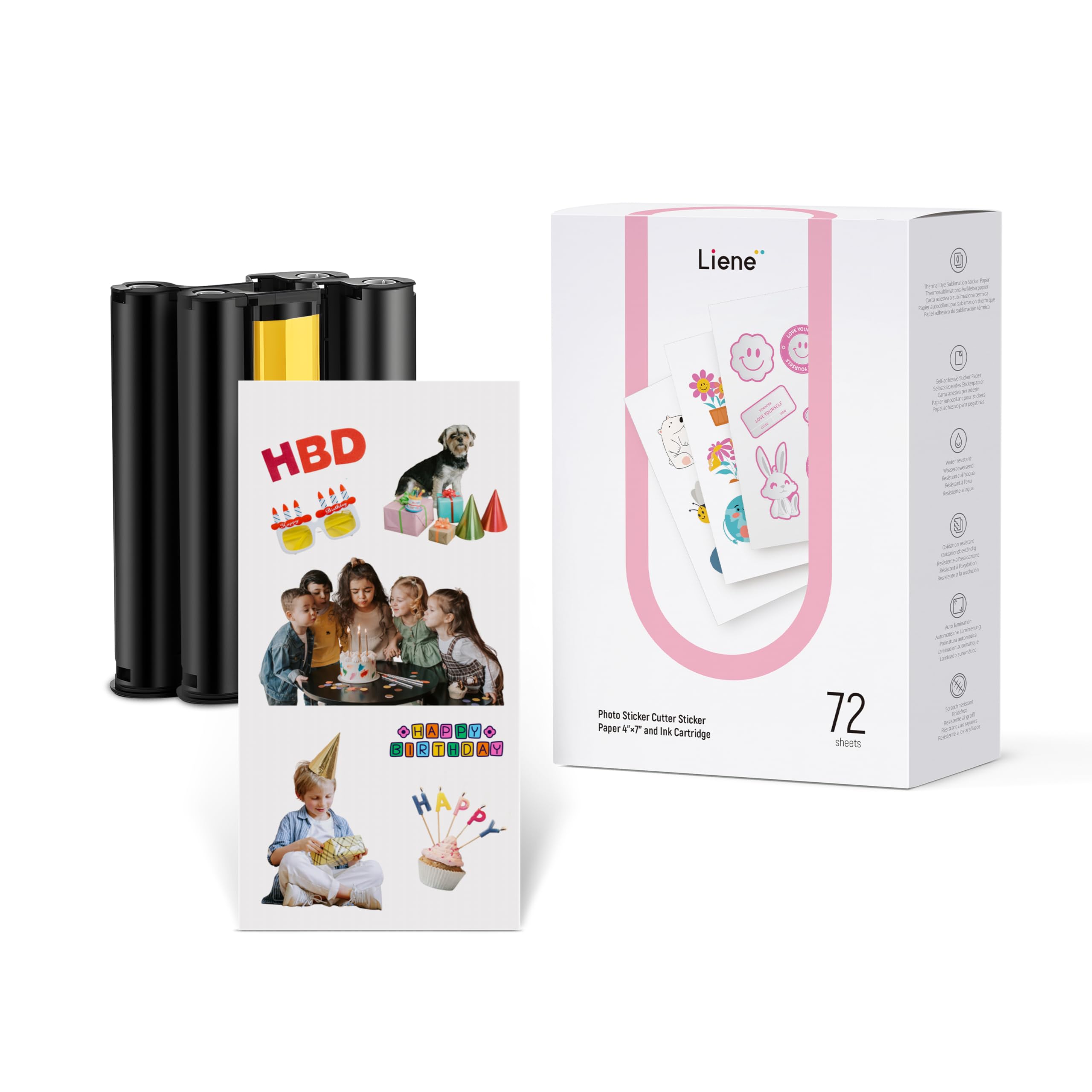 Photo 1 of Liene Sticker Paper & Cartridge, 2 Ink Cartridge Refill & 72 sheets photo papers, 4x7", Dye Sublimation, Water & Oxidation-Proof, Compatible w/Liene PixCut S1 Photo Sticker Printer and Cutter