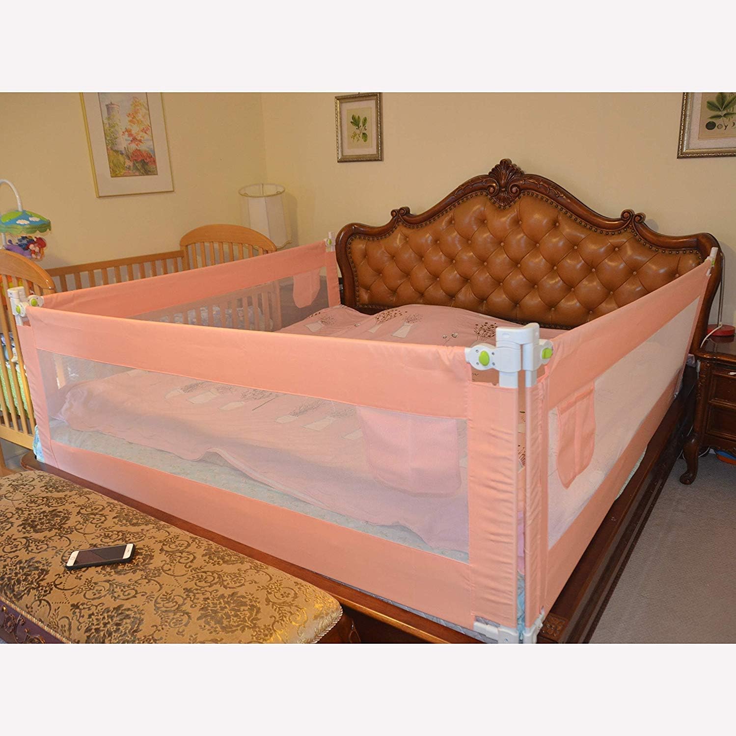3 Set for 3 Sides (2 Length Side and 1 feet Side) Queen Size Bed Safety Bed GuardRail Bed Fence for Children, Toddlers, Infants - Pink Color