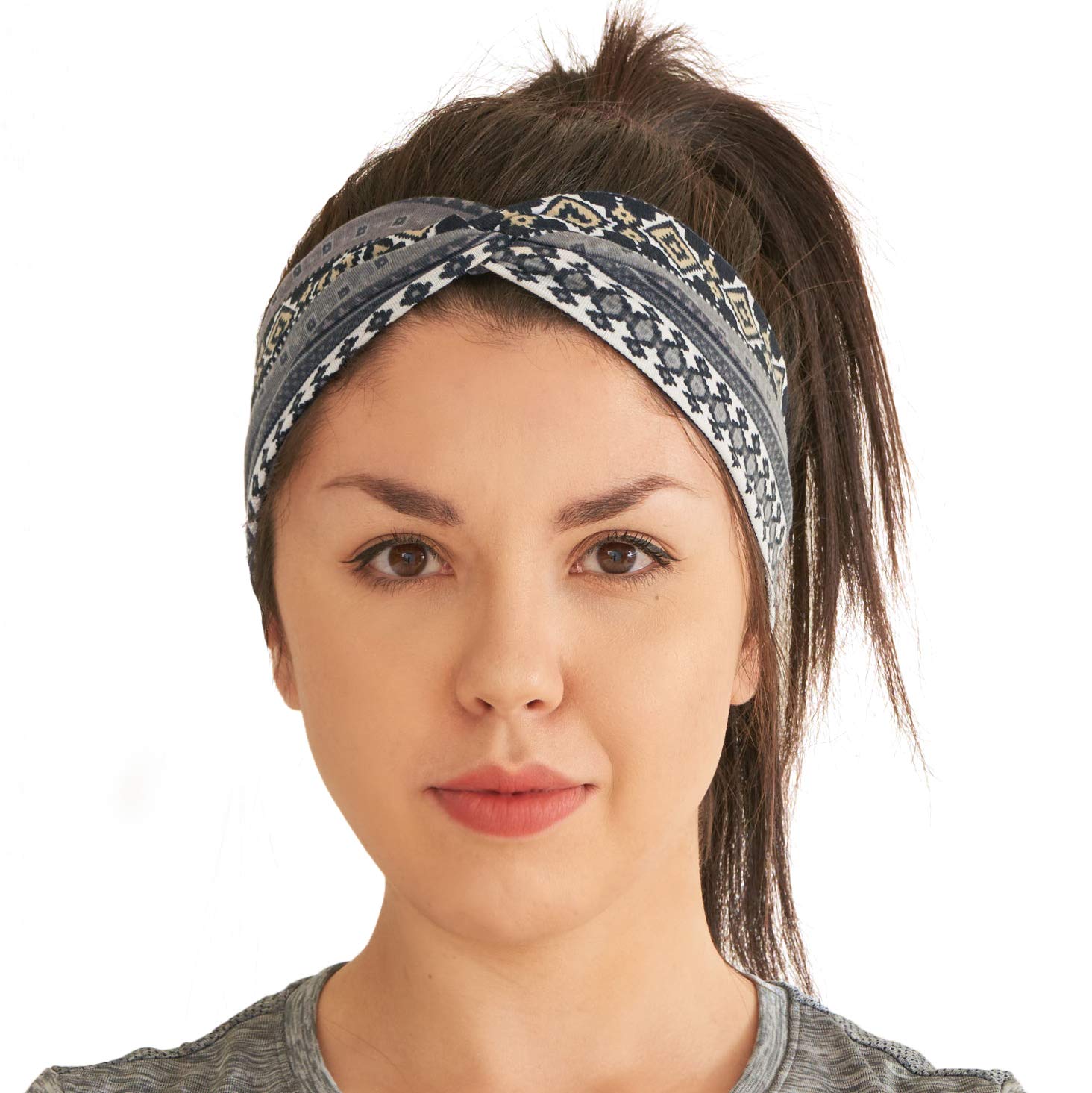 Boho Turban Headbands for Women - Cotton Stretchy Head Wraps Criss Cross Twist Hair Band Bohemian Ottoman Print Hairband Grey