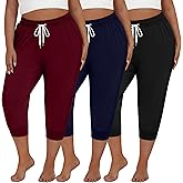 Neer 3 Pack Women's Plus Size Capris, Cotton Lounge Capri Pants Cropped Casual Sweatpants Drawstring Pants with Pockets