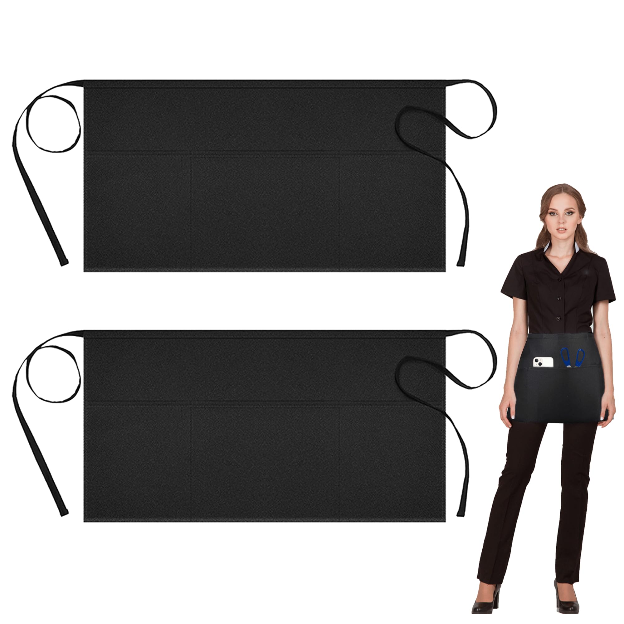 2 Pack Black Waist Apron with Pockets for Home, Kitchen, Restaurant Work