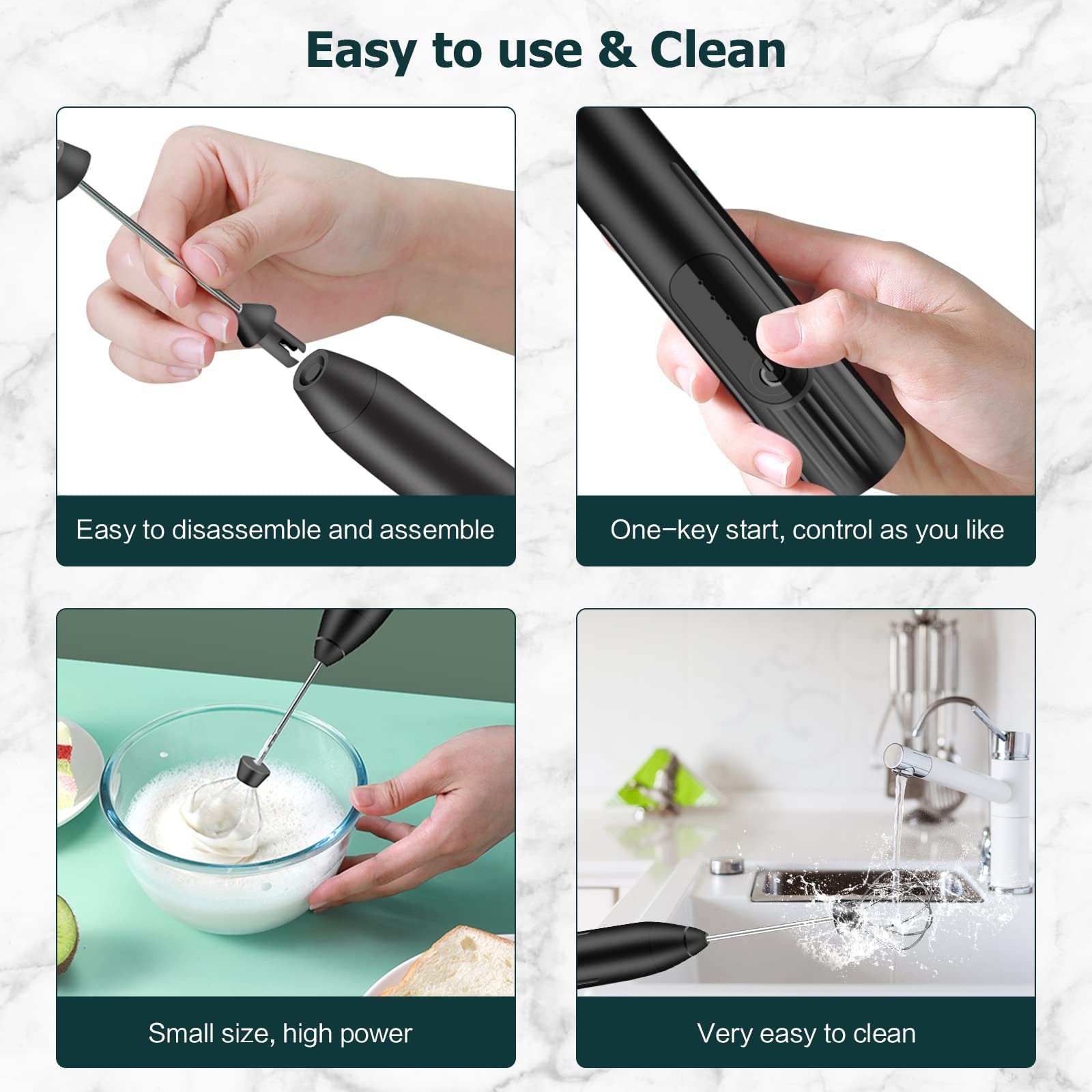 milchaufschäumer elektrisch stab,USB wiederaufladbar ​milchschäumer,melektrischer schneebesen 3 einstellbare geschwindigkeiten edelstahl für kaffee cappuccino latte heiße schokolade (Schwarz) 5