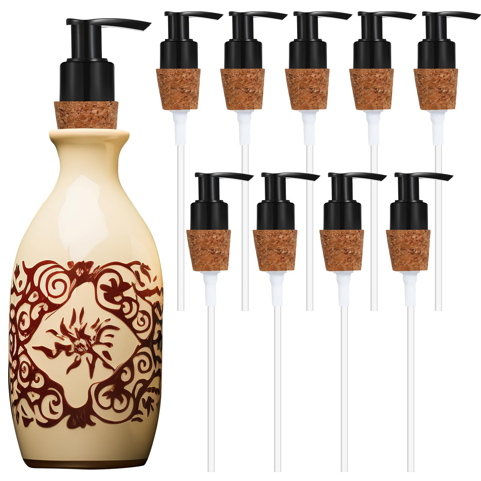 Tioncy 10 Pcs Soap Dispenser with Cork Stopper - Easy Press Fit Pumps in Black, Replacement Pumps for Bottles, Mason Jars, DIY Soap & Lotion Dispensers