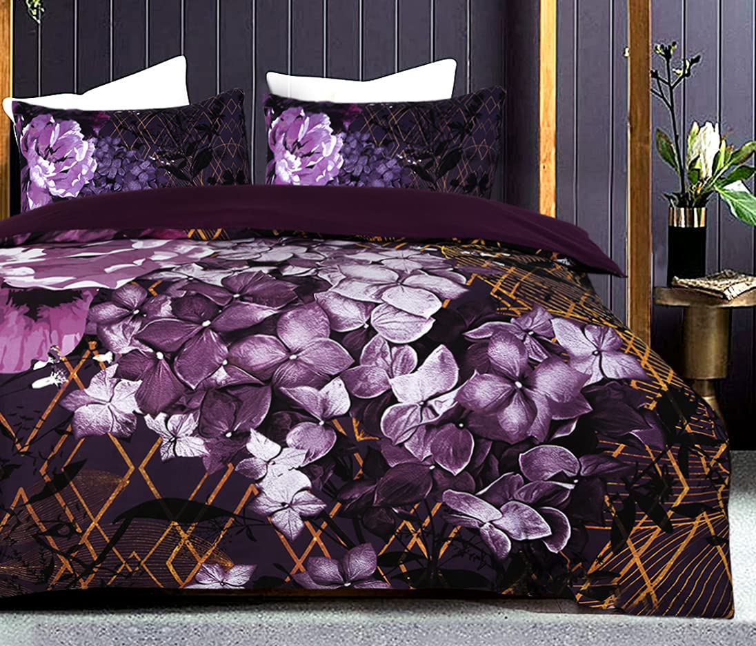 Nimsay Home Luxurious Peony Flora Duvet Cover Fish Skeleton with Spring Blossom Bedding Diamond Shape Floral Garden Theme Quilt Covers Pillow Cases 3 Pcs Double Size Bed Set in Mauve