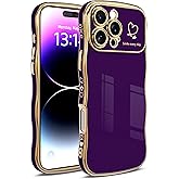 IAIYOXI for iPhone 16 Plus Case for Women & Girls - Cute Wave Design with Curly Shape, Heart Pattern, Raised Camera Protection, Luxury Plating, Shockproof(iPhone 16 Plus, Darkpurple)
