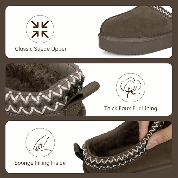 EVELLYHOOTD SLIPPER FOR WOMEN MEN SUEDE BRAIDED PLATFORM MINI BOOTS WITH FLUFFY FUR LINING SHORT ANKLE BOOTS FOR AUTUMN WINTER WARM CASUAL COMFORT SHOES,HICKORY
