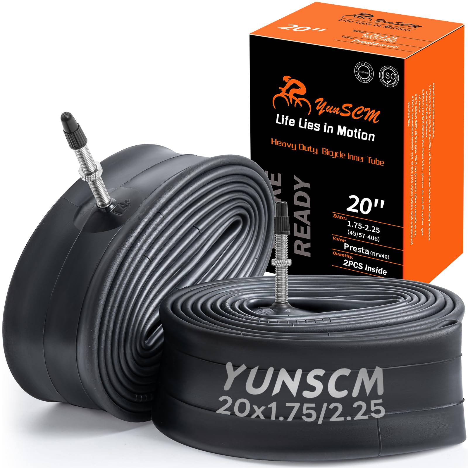 YUNSCM 2PCS 20 inch Heavy Duty Bike Tubes 20x1.75 20x1.95 20x2.0 20x2.10 20x2.125 20x2.25 45/57-406 RFV40 Presta Valve Compatible 20x1.75/1.95/2.10/2.125/2.25 Road/MTB Bike Tyre Tubes