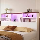 63" Queen Size Wood Bookcase Headboard with Outlet &amp; LED Light (White) | RGB Lighting, Space-Saving, Noise-Free, Modern &amp; Durable, Storage Headboard Only for Bedroom