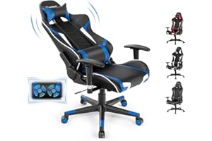 Goplus Gaming Chair, Massage Office Chair Computer Gaming Racing Chair, High Back PU Leather Adjustable Arms Headrest Ergonomic Reclining Game Chair, Rolling Swivel Executive Chair